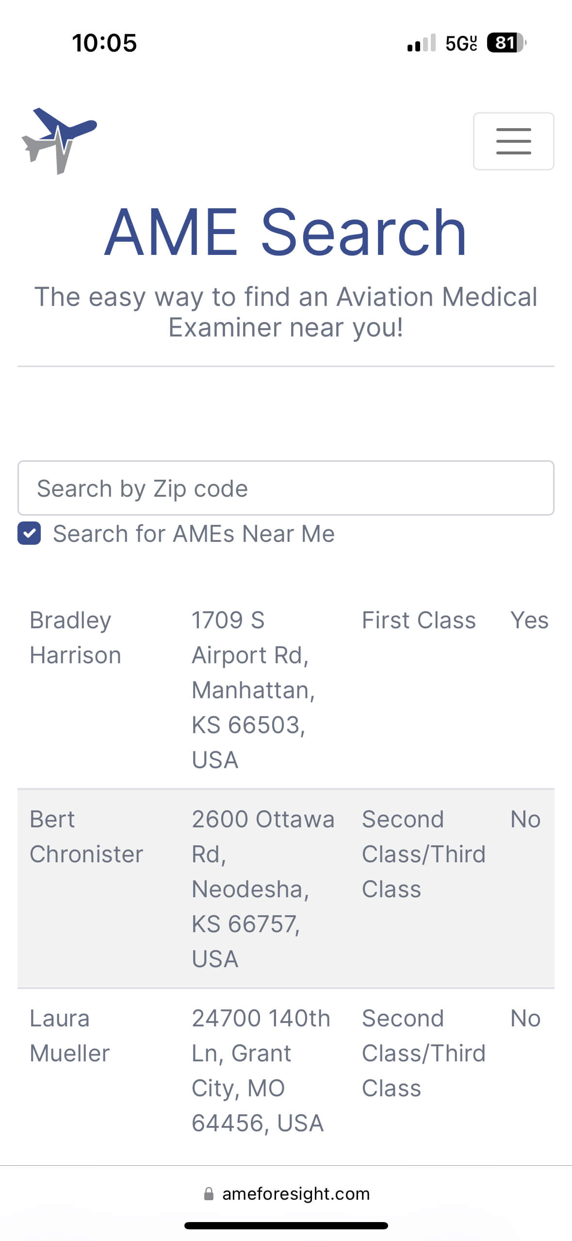 Image of mobile AME search results